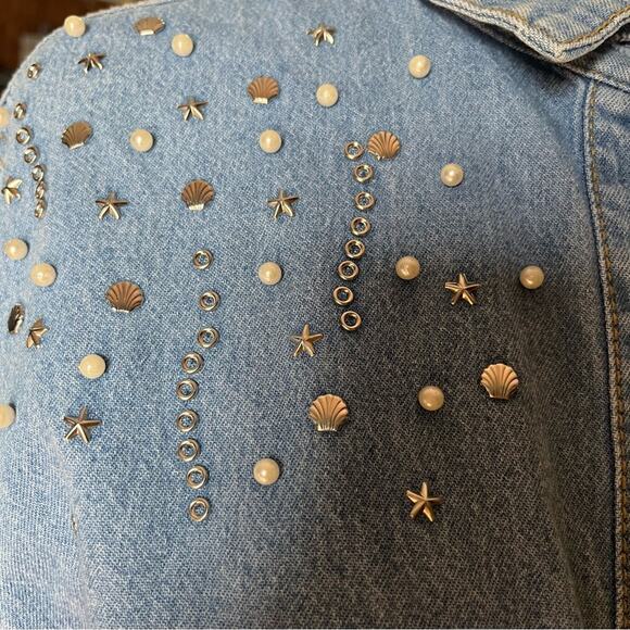 Vtg Denim Star Pearl Seashell Relaxed Boyfriend Fit Top 8 Western Glam Celestial - Picture 4 of 6